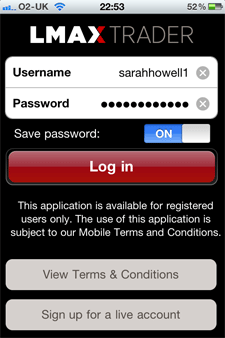 LMAX - iPhone Log In screen